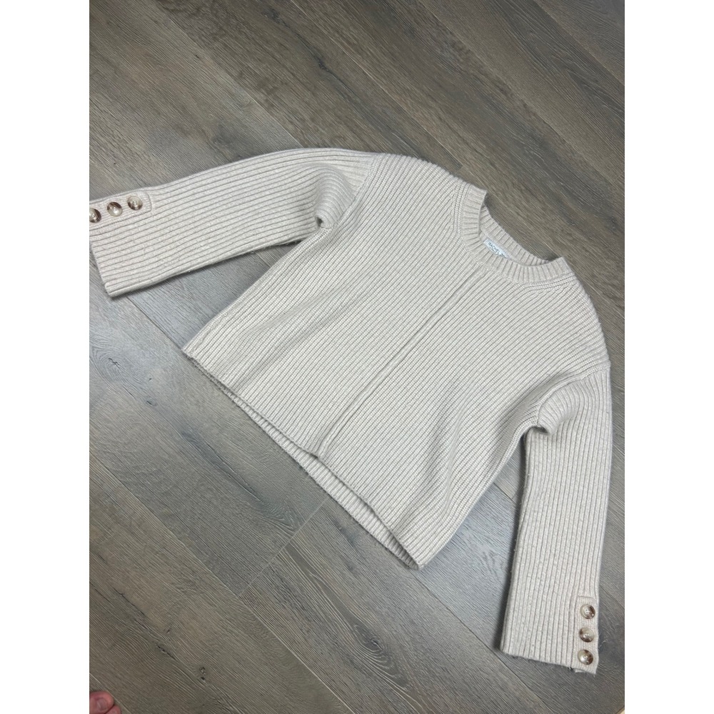 Rachel Zoe Womens Ribbed Knit Button Cuff Sweater Cream Beige Large